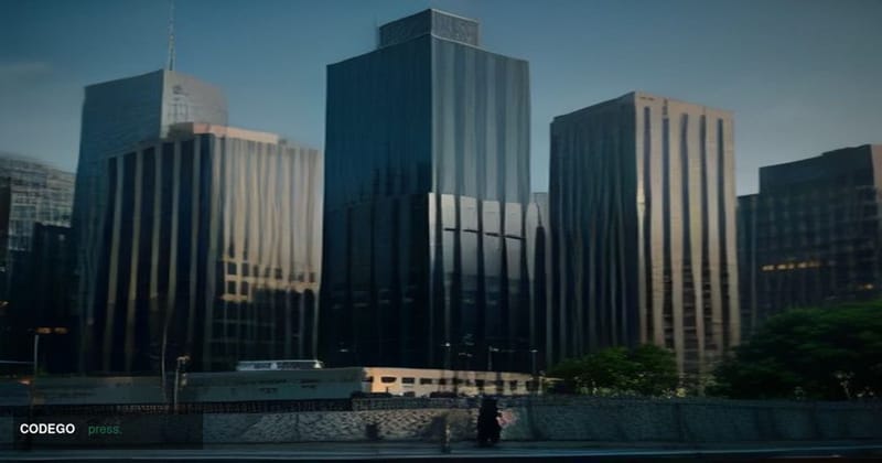 A cinematic editorial photograph set in São Paulo's financial district, featuring the iconic glass towers of Faria Lima Avenu