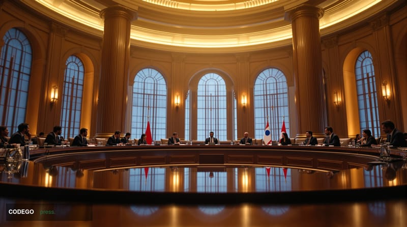 A wide-angle cinematic editorial photograph taken at a grand international summit conference table, shot from a low camera an