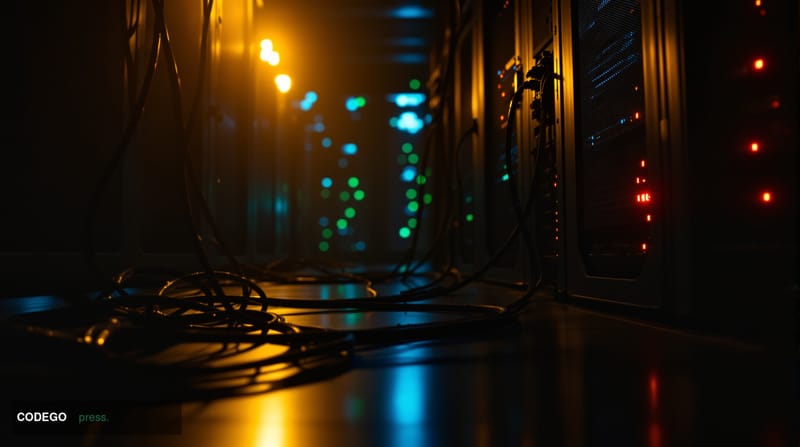 A cinematic editorial photograph set in a dimly lit secure server room environment, shot from a low angle looking upward towa