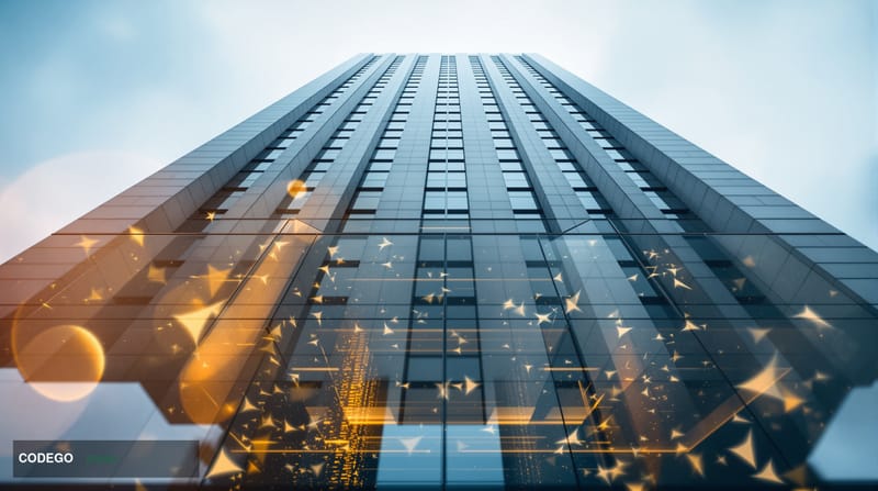 A cinematic editorial photograph taken at ground level looking upward at the imposing neoclassical granite facade of a federa