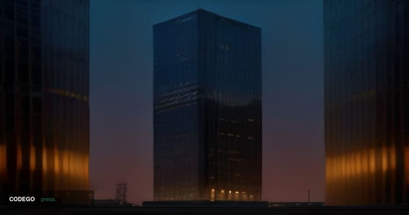 A dramatic low-angle cinematic shot of Capital One's corporate headquarters building in McLean, Virginia, photographed at dus