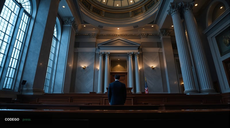 A dramatic, photorealistic editorial photograph set inside a solemn U.S. federal courthouse interior, captured from a low ang