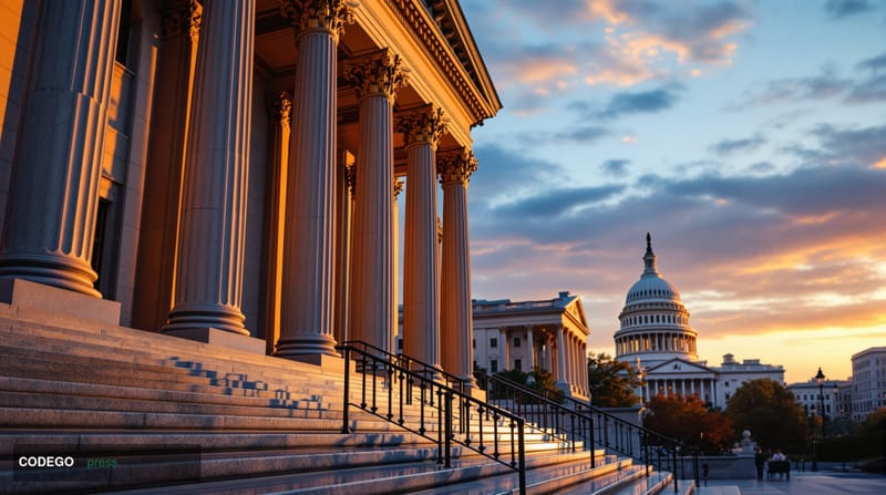 A dramatic wide-angle shot of the exterior of the Commodity Futures Trading Commission headquarters building in Washington D.