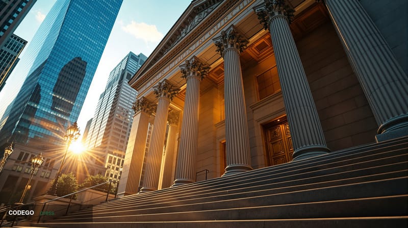 A cinematic editorial photograph shot from a low angle looking up at the imposing neoclassical stone facade of a federal cour