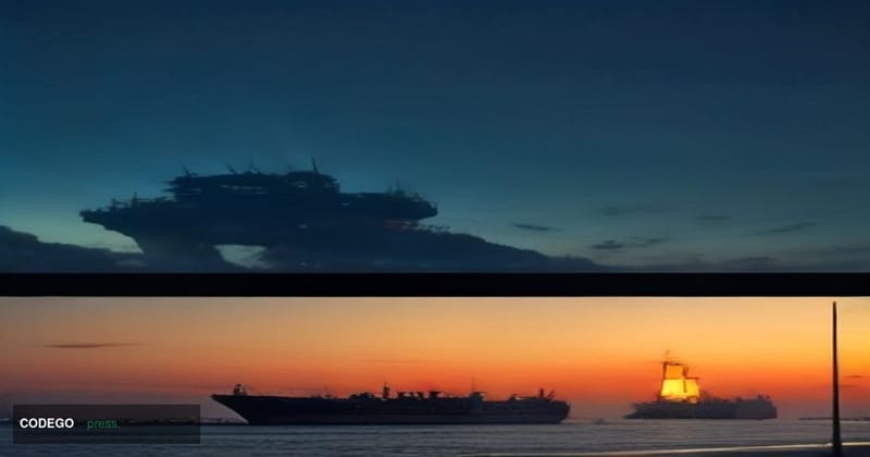 A cinematic editorial photograph set at a modern port terminal on the South China Sea, where a Chinese cargo ship bearing red