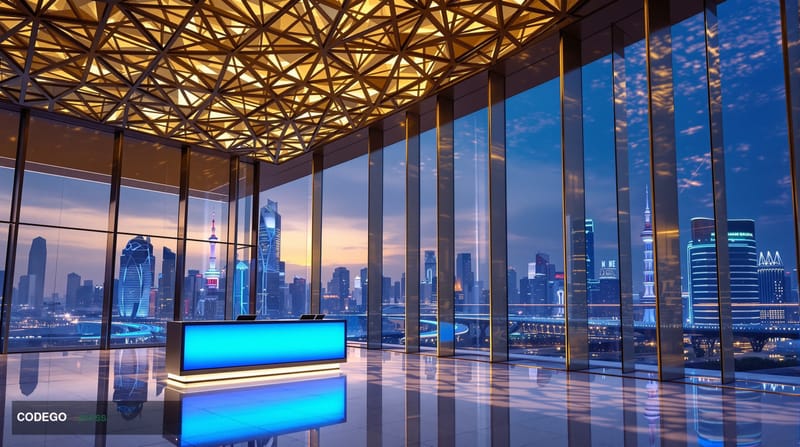 A photorealistic cinematic editorial photograph of a sleek, modern Chinese bank branch interior at dusk, shot from a low angl