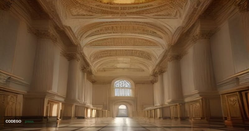 A grand neoclassical Italian banking hall interior in Rome, shot from a low angle looking toward a raised marble lectern bath