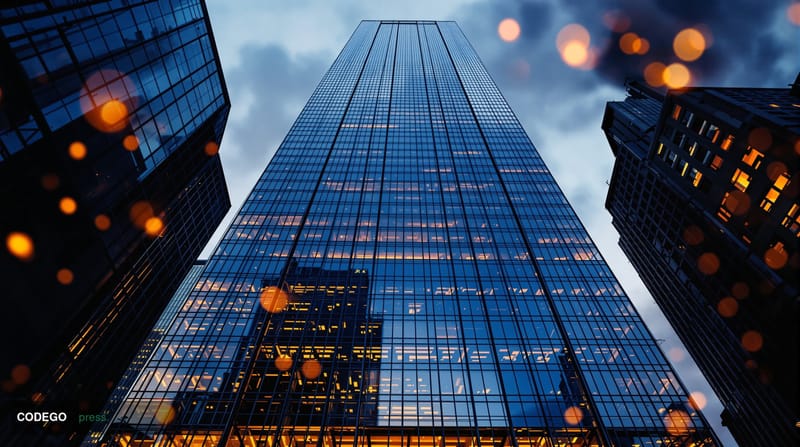 A cinematic editorial photograph centered on a towering glass-and-steel financial district skyscraper exterior in lower Manha
