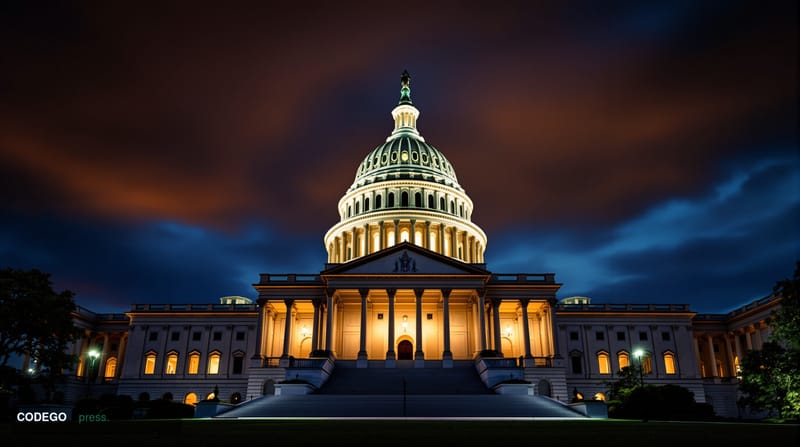 A dramatic wide-angle shot of the United States Capitol building at dusk, captured from the western lawn at a low camera angl