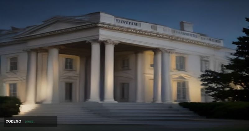 A cinematic editorial photograph of the exterior of the West Wing of the White House at dusk, shot from a low angle looking u