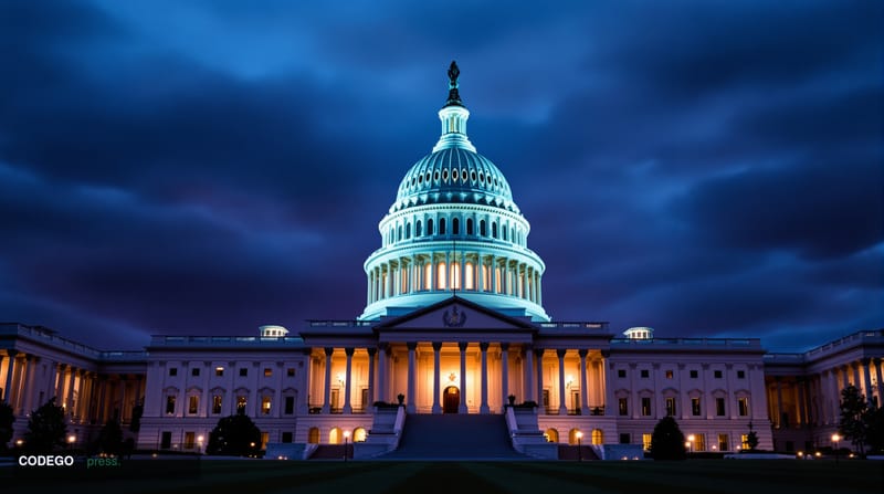 A wide-angle cinematic shot looking up at the United States Capitol building's neoclassical dome at dusk, the white marble fa