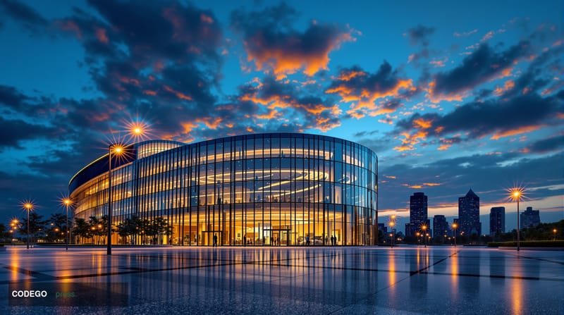 A photorealistic editorial photograph of a sleek, modern glass-and-steel corporate office campus at dusk, representing a Muni