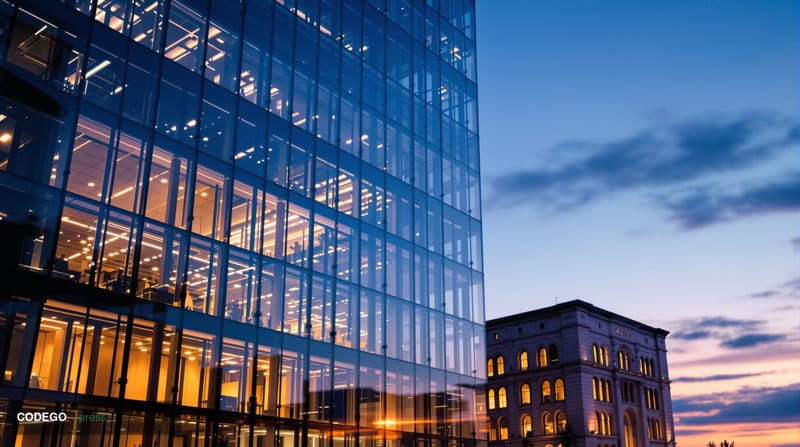 A cinematic editorial photograph of a sleek, modern glass-and-steel corporate campus at dusk, representing a Munich-based fin
