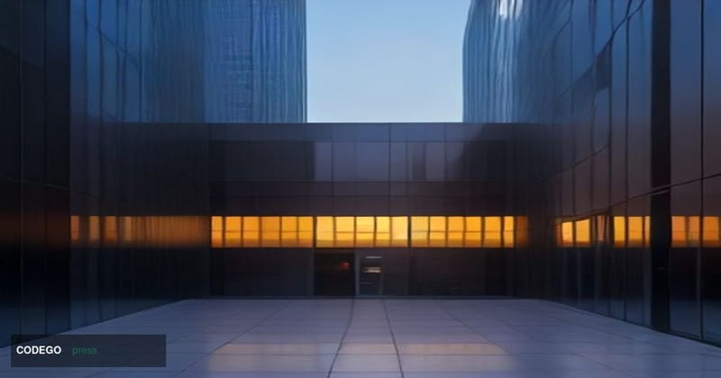 A sweeping cinematic editorial photograph of a modern European corporate technology campus at dusk, with warm amber light spi
