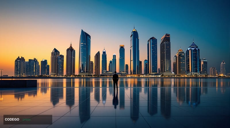 A cinematic editorial photograph of the Abu Dhabi Global Market district skyline at dusk, featuring the iconic Al Maryah Isla