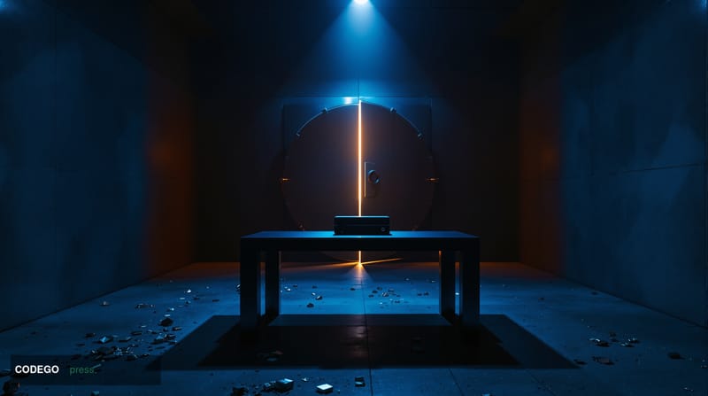 A cinematic editorial photograph of a cold, dimly lit secure vault room with a single metal table at the center, on which res
