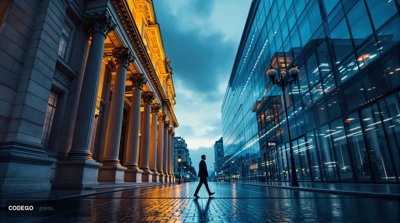 A dramatic cinematic split-composition photograph shot at dusk with warm amber light from the left and cool blue tones from t