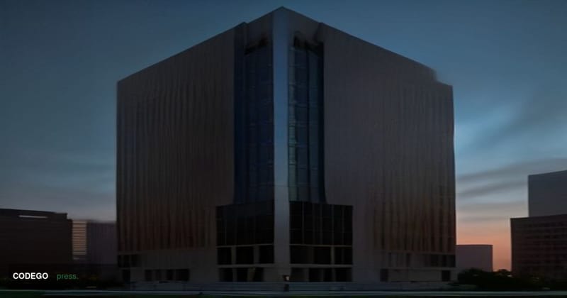 A wide-angle cinematic shot of the Federal Reserve Bank of Dallas's brutalist stone and glass headquarters in downtown Dallas