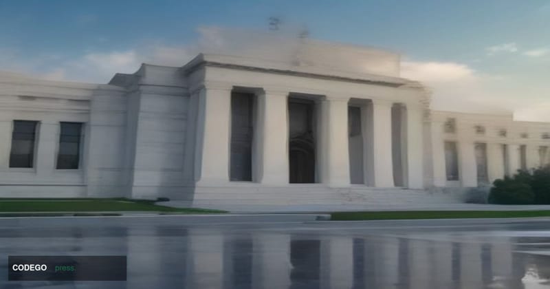A cinematic editorial photograph of a monumental neoclassical Federal Reserve bank building exterior at dusk, shot from a low