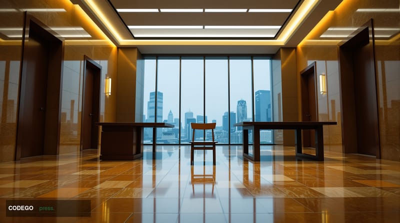 A dramatic courtroom-adjacent corridor inside a modern South Korean judicial building, shot from a low angle looking up towar