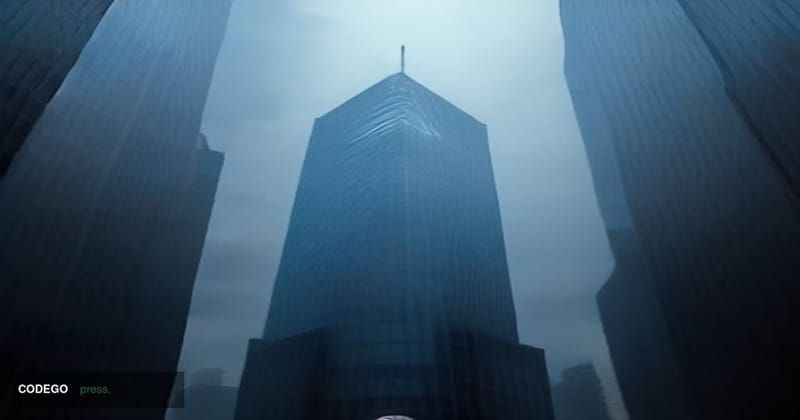 A dramatic cinematic editorial photograph shot at ground level looking upward at the glass and steel facade of the European C