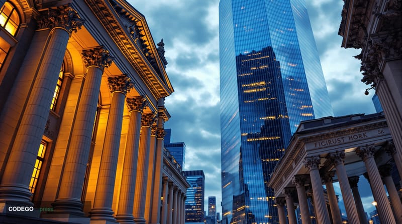 A dramatic cinematic editorial composite scene set in a vast, glass-and-steel financial district at dusk, with three distinct