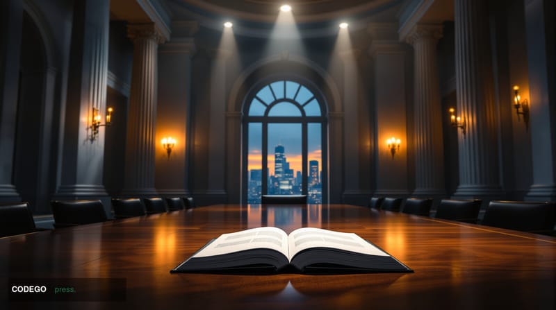 A photorealistic editorial photograph set inside a grand European central banking chamber — soaring marble columns and high v
