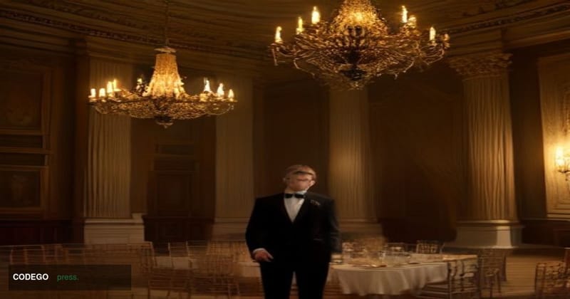 A cinematic editorial photograph set inside a grand neoclassical Roman conference hall at dusk, with warm amber candlelight f
