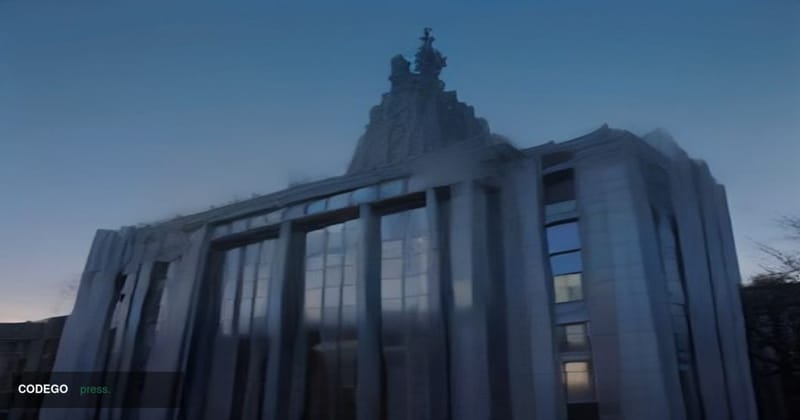 A grand neoclassical European central bank building exterior photographed at dramatic dusk, the kind of imposing stone-and-gl