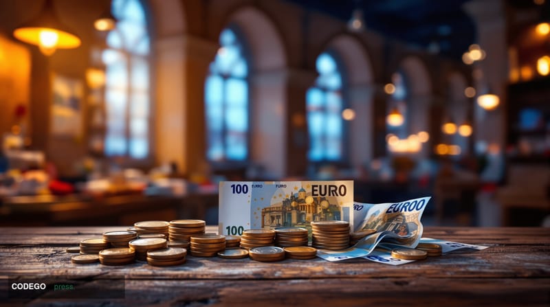 A cinematic editorial photograph set inside a European-style retail market or traditional bank branch interior, with a weathe