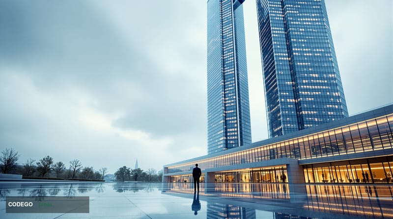 A cinematic editorial photograph set inside a grand European institutional building, evoking the austere glass-and-steel arch