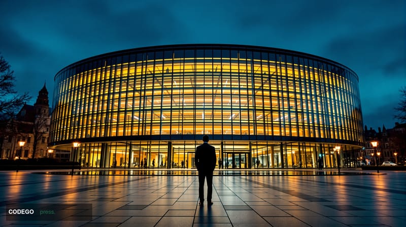 A cinematic wide-angle shot of the iconic European Commission Berlaymont headquarters in Brussels at dusk, its curved glass f