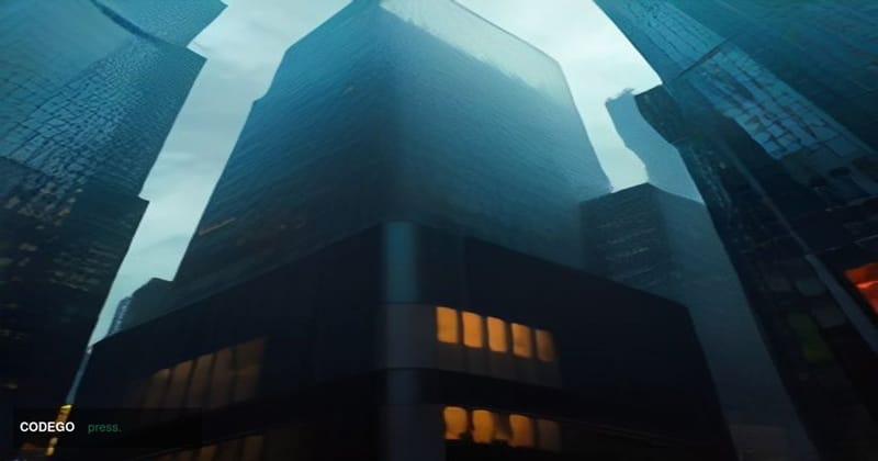 A cinematic editorial photograph of the Nasdaq MarketSite exterior in New York City's Times Square at dusk, shot from a low a