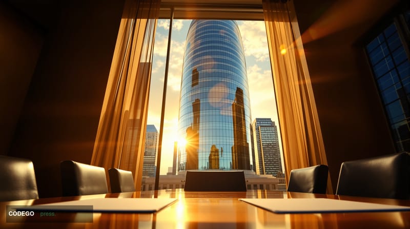 A cinematic editorial photograph set in the heart of Texas's financial district, capturing the sun-drenched glass facade of a