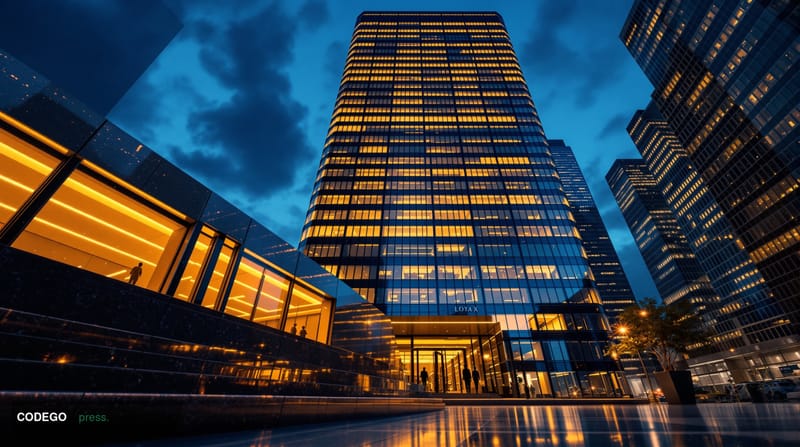 A cinematic photorealistic editorial photograph shot at eye level from a low angle looking upward at a gleaming glass-and-ste