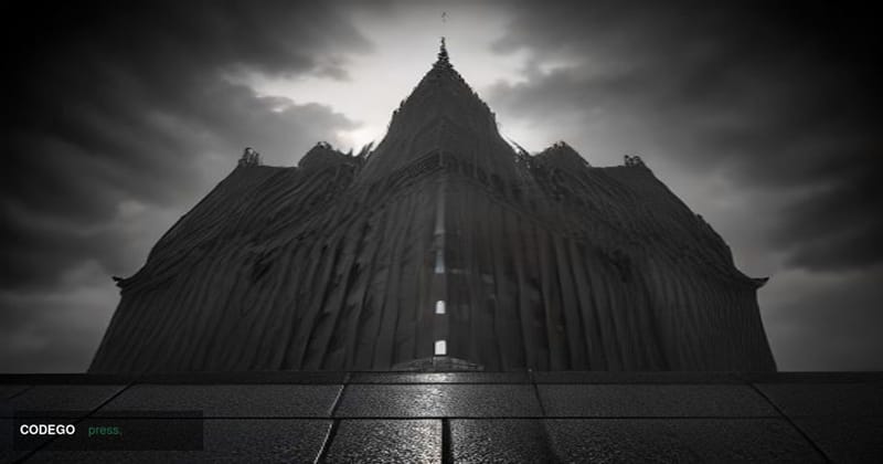 A cinematic editorial photograph taken at ground level looking upward at the imposing glass and steel exterior of a central L