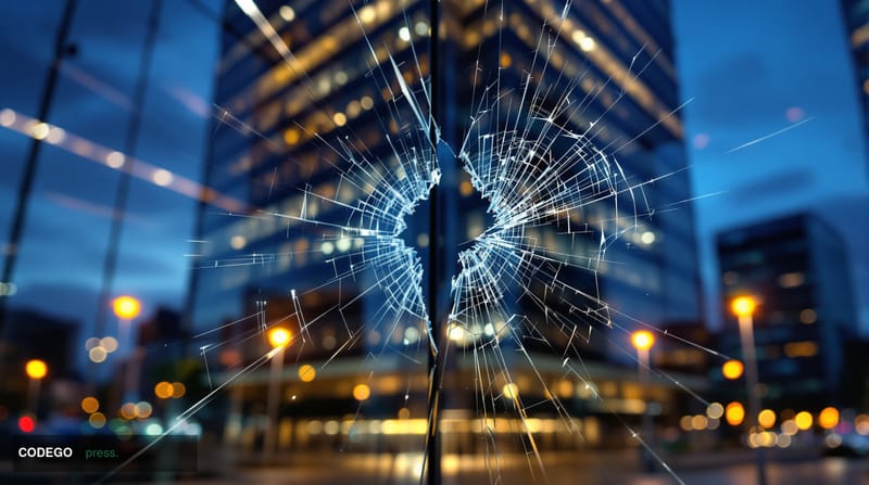 A dramatic close-up editorial photograph of a cracked digital mirror effect rendered in physical glass, splitting into two ne