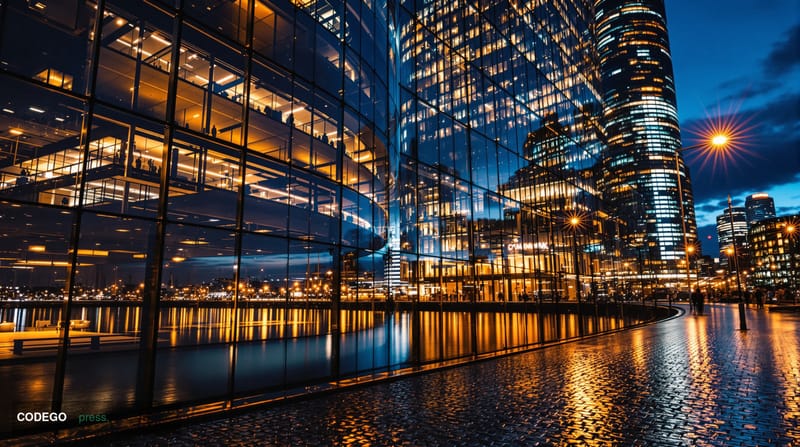 A dramatic wide-angle shot of the Financial Conduct Authority's Canary Wharf headquarters in London — the sleek glass tower r