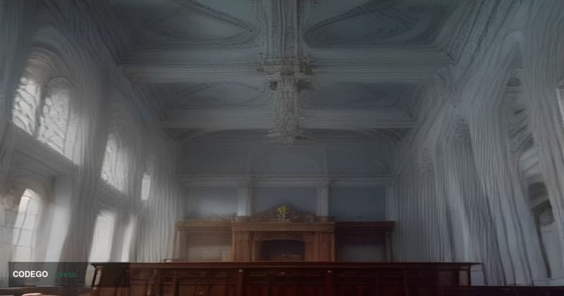 A cinematic editorial photograph taken inside a grand, neoclassical British financial regulatory institution, viewed from a l