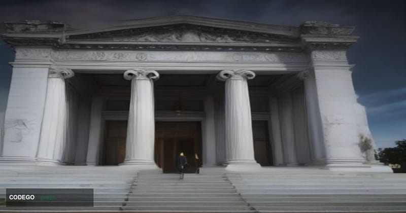 A dramatic low-angle wide shot of a monumental neoclassical federal courthouse exterior at dusk in Washington D.C., with poli