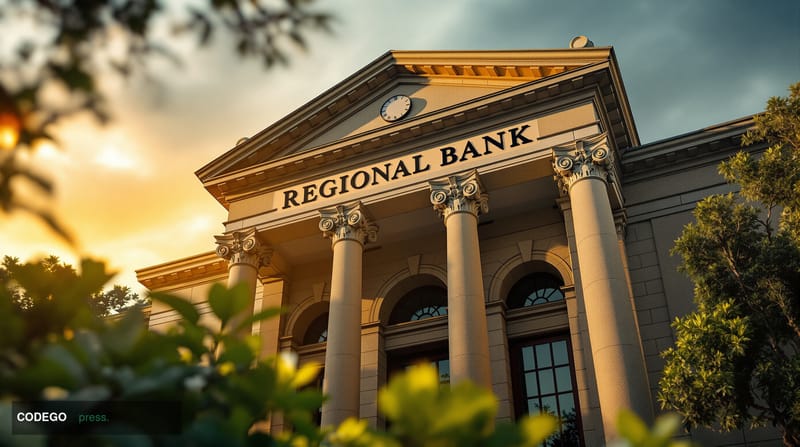 A cinematic editorial photograph of a neoclassical regional bank building in Alabama, photographed at low angle looking upwar