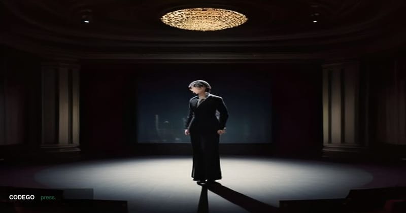 A cinematic editorial photograph set inside a grand London financial conference hall, with floor-to-ceiling windows overlooki