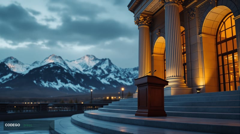 A cinematic editorial photograph taken from a low angle looking up at a grand federal institutional building facade rendered 