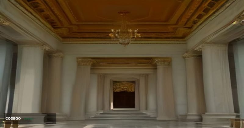 A cinematic editorial photograph set inside a grand neoclassical Federal Reserve Bank of New York building interior, with tow