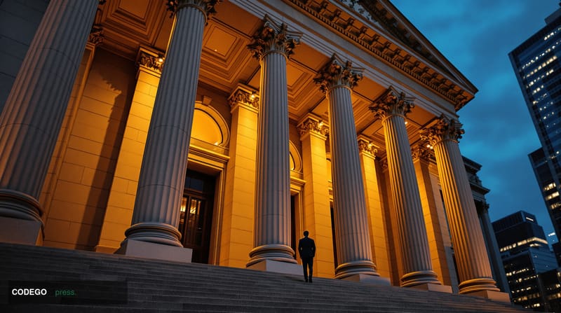 A photorealistic editorial photograph of the imposing neoclassical granite facade of a large central bank building at dusk, s