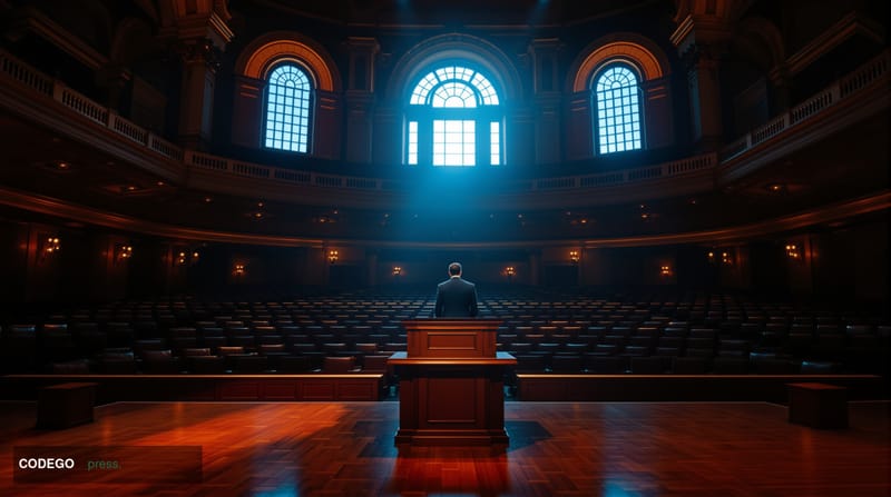A cinematic editorial photograph of a grand neoclassical academic auditorium interior at Stanford University, rendered in pho