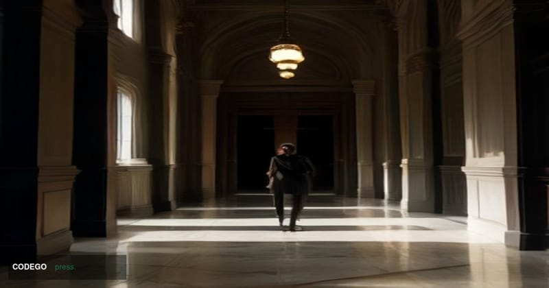 A cinematic editorial courtroom-adjacent scene photographed from a low-angle perspective, showing heavy bronze courthouse doo