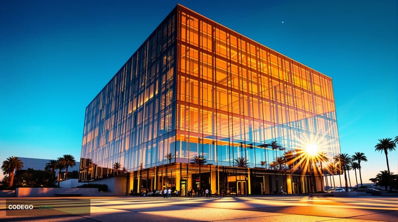 A cinematic editorial photograph shot from a low angle looking up at a sleek modern financial technology corporate campus in 