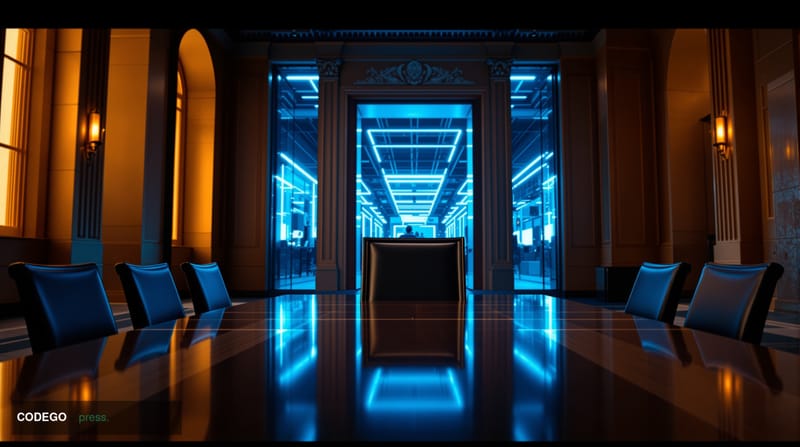A cinematic editorial photograph set inside a grand, high-ceilinged federal-style government building corridor transitioning 