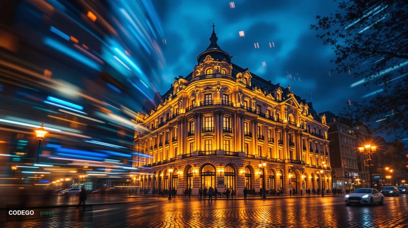 A sweeping exterior view of a grand Haussmann-style Parisian government ministry building at dusk, shot from a low angle with
